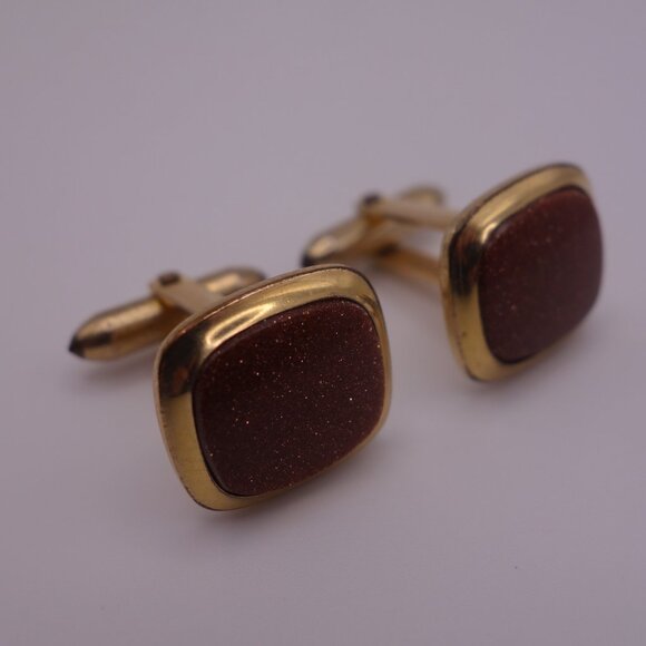 Square Cuff Links with Gold Setting and Brown with Glitter Inner - Picture 1 of 14